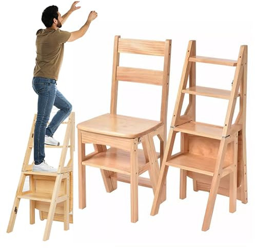 Solid Wooden 4 Step Ladder Chair - Protable 4-Step Library Ladder,Convertible Folding Chair Step Stool Display Stand for Adults Office/Home/Kitchen/Library,Black-37 * 47 * 90cm