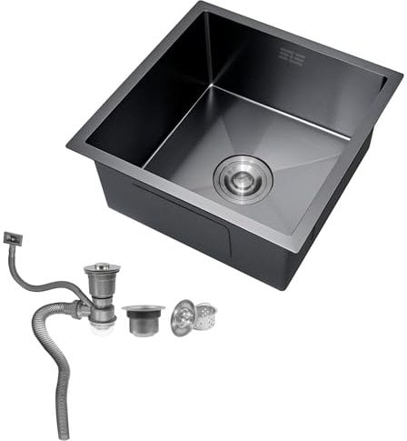 Fregadero de Un Seno en Acero Inoxidable 304, 38 x 38cm, Bajo Encimera o Sobre Encimera con Filtro de Drenaje - Pequeño (Negro)