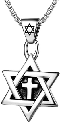 Flongo Star of David Cross Necklace: Stainless Steel Hexagonal Star Pendant with Cross Dainty Jewish Israel Jewelry for Men Women