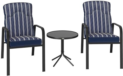 Outsunny 3-Piece Patio Bistro Set, 5-Position Adjustable Recliner Garden Chairs and Tempered Glass Table, Garden Furniture Set with Cushions, High Back, Armrests, Metal Frame for Balcony Patio, Blue