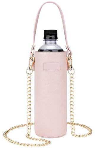 Linkidea Disposable Water Bottle Carrier with Shoulder Strap Compatible with 16.9/20Fl Oz Smartwater, Lifewtr, Vegan Leather Plastic Bottled Water Cover Holder, Pink