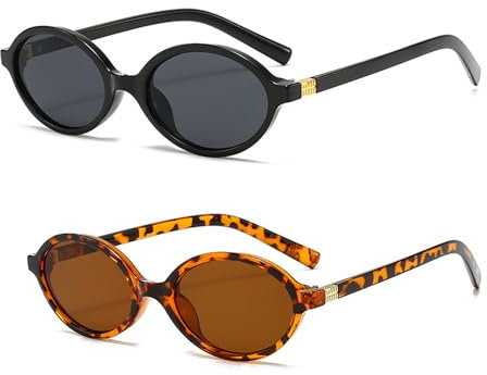 Hifot 2 Stück Ovale Sonnenbrille Damen Vintage Schmal Rahmen - Kleine Retro Sonnenbrille Damen Herren im Stil mit Schwarz & Leopardenmuster Runde Oval Brille Unisex Partybrillen Mode der 90er Jahre