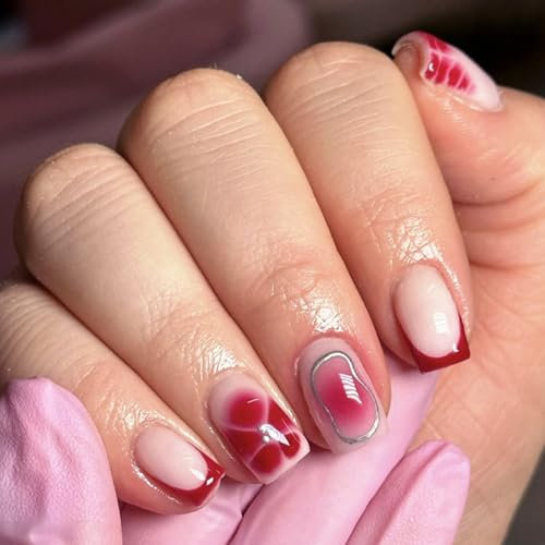 Ceboic 24 Stück Nägel Zum Aufkleben Kurz Eckig, Floral French Tip Press on Nails Rot Blumen Künstliche Nägel, Natürlich Kunstnägel zum Aufkleben, Acryl Vollabdeckung Fake Nails für Frauen Mädchen