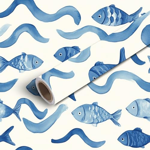 45x300cm Peel and Stick Wallpaper Seamless Coastal Fish Abstract Underwater World Trellis Navy Blue Wavy Contact Paper Self Adhesive Removable Wallpaper Waterproof for Backsplash Bedroom Kitchen