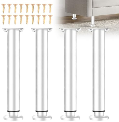 EUBSWA Pieds de Meuble Réglables 25-42cm Acier Inoxydable Blanc Lot 4 | Supports pour lit, sommier, armoire, canapé. Base antidérapante, charge 300 kg. Vissage rapide. Anti-rayures