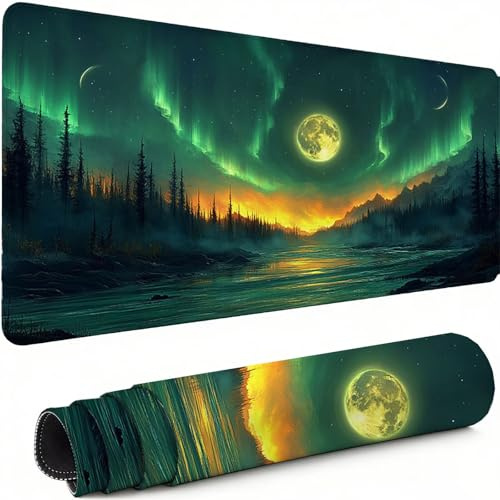 Vert Tapis de Souris XXL 600 x 300 mm Grand Tapis de Souris Gamer Aurore sous Main Bureau Bords Cousus Imperméable Base en Caoutchouc Antidérapant, pour Travail, Jeux, Bureau, Decor Cadeaux C-2901