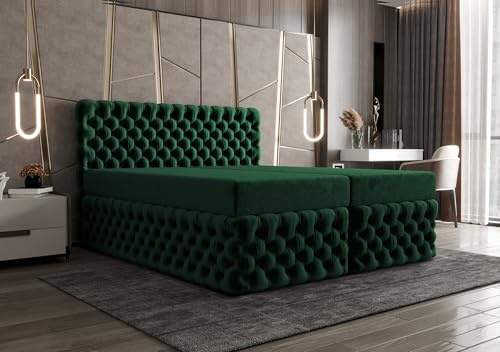 B&B HOME Boxspringbett Figo II, Doppelbett 180x200 cm, Samt-Polsterung, Chesterfield-Steppung, Holzrahmen, inkl. Topper, Bettkasten mit Federautomatik (Riviera81)