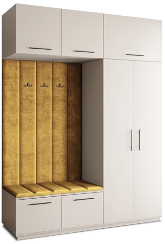 Masseno Flugarderoben Set Rema, Kleiderschrank-Set mit Sitzbank, Garderobenschrank Flur mit 5 Regalböden, Kaschmir