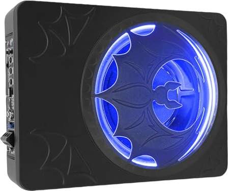 Akozon 10 Inch Slim Under Seat Active Bass Speaker With Built In Amplifier, Cast Aluminum Efficient Heat Dissipation Acoustic Subwoofer, Dynamic LED Ring Light (Blue)