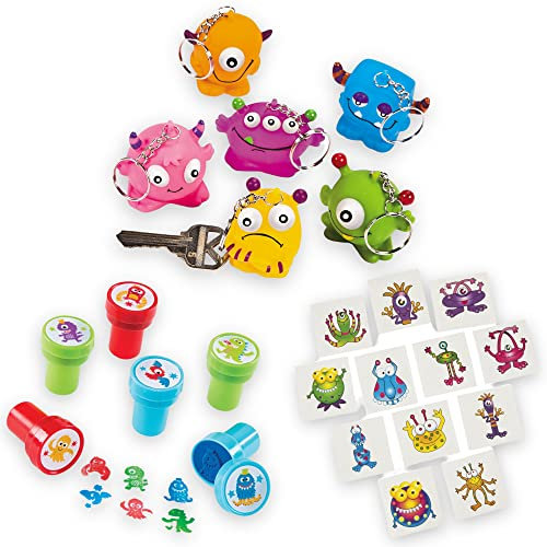 cama24com Lustige Monster Mitgebsel Set Schlüsselanhänger Kinderstempel und Tattoos 48 Teile für Kindergeburtstag Mottoparty & Halloween als Mitgebsel oder Give-Away mit Palandi® Sticker