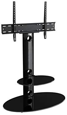 MAHARA Universal Column TV Stand - for 32 to 65 inch TVs-Freestanding black tall floor stand with oval black glass shelves and cable management-Height adjustable & fits in corners-Max Weight 40kg
