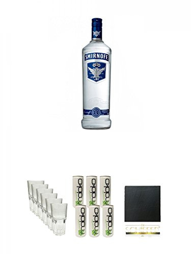 Smirnoff Vodka Blue Label 1,0 Liter + Smirnoff Gläser 6 Stück + Moloko Softdrink 6 x 0,25 Liter + Schiefer Glasuntersetzer eckig ca. 9,5 cm Durchmesser