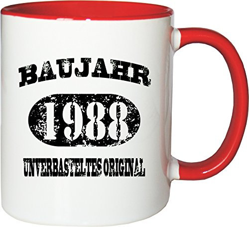 Mister Merchandise Becher Tasse Baujahr 1988 unverbasteltes Original Kaffee Kaffeetasse liebevoll Bedruckt Jahrgang Originalteile Parts Made in Weiß-Rot