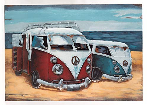 Vintage-Line Handgefertigtes Metallbild 3D-Optik Verschiedene Größen Kunst Bild Wandbild (Metallbild Strandbus 2er Rot Blau (ca. 100x70 cm)
