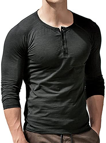 Men's Slub Henleys T-Shirt Long Sleeve Lightweight Relaxed Fit Casual with 3 Buttons Placket Round Neck Shirts Dark Grey L