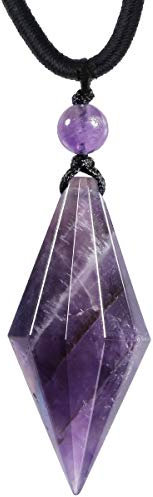 mookaitedecor Natural Purple Amethyst Crystal Point Pendant Necklace for Women Men, Chakra Reiki Healing Protection Crystal Necklace Pendulum Necklace Black Cord Semi Precious Stone Jewellery Gift