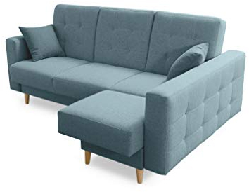 Robin Hilton Ecksofa mit Schlaffunktion Bettkasten 2 Kissen Sofa L-Form Schlafsofa Freistehende Eckcouch Schlafcouch Wohnzimmermöbel Wohnlandschaft Rechts Aqua