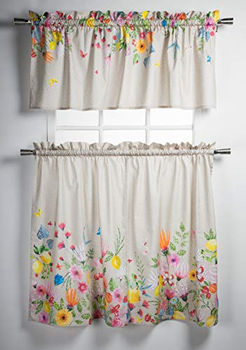 Maison d' Hermine Jardin D'Ete – Fog 100% Baumwolle Set mit 3 Küchenfenster-Vorhängen für Café, Küche, Schlafzimmer, Zuhause, 2 Etagen (71,1 x 91,4 cm) und 1 Volant (142,2 x 45,7 cm)