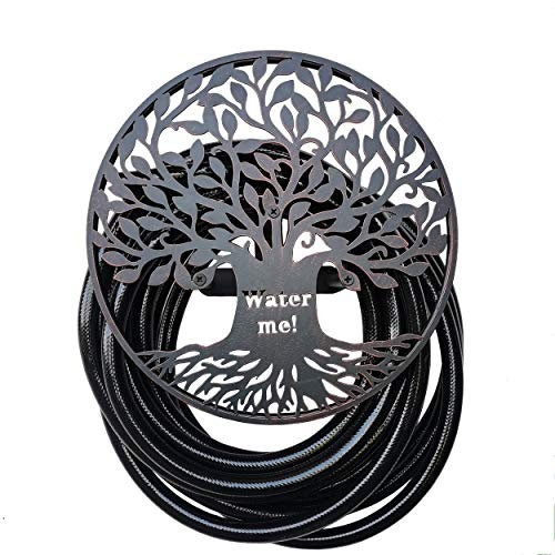 BSTGIFTS Gartenschlauchhalter, dekoratives Wasserschlauchregal, langlebige Wandschlauchaufhänger, hält 125 Fuß von 5/8 Zoll Schlauchtrommel, aus Stahl, Baum des Lebens Wandkunst Design