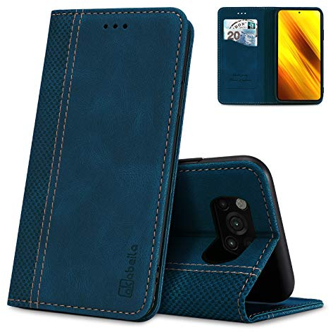 AKABEILA Poco X3 NFC Hülle Leder, Xiaomi Poco X3/X3 Pro/C3 Handyhülle Kompatibel für Xiaomi Poco X3 NFC Schutzhülle Brieftasche Klapphülle PU Magnetverschluss Kartenfächer Hüllen, Blau