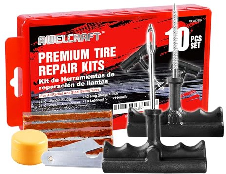 AWELCRAFT Reifenreparatur-Set 10-tlg ohne Demontage – T-Griff Stahl, Koffer