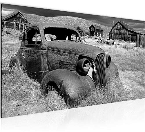 Runa Art Wandbild Auto Oldtimer 1 Teilig 100 x 40 cm Modern Bild auf Vlies Leinwand Retro Wohnzimmer Schwarz Weiss 602112c
