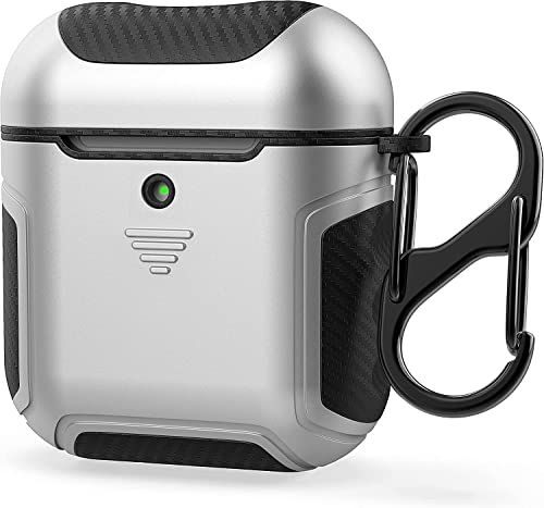 ORETECH Compatibile con Cover Airpods, Custodia per Airpods 1 e 2,Heavy Duty Airpods(1&2) Protettiva 2in1 Ibrida Silicone Gomma e Fibra di Carbonio Hard PC per Apple Airpods 2,1(LED Visibile)- Argento
