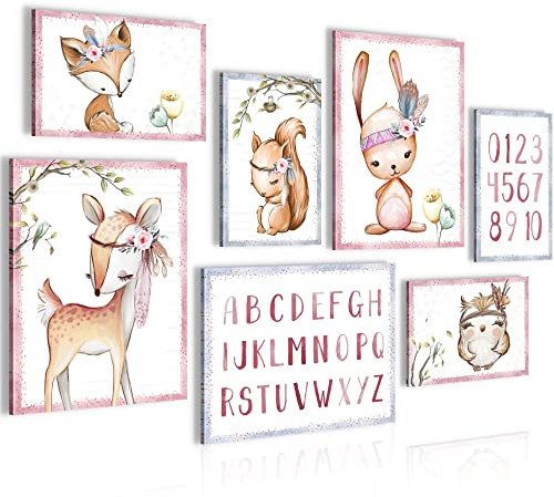 Novart Wandbilder Indianer Tiere - KOMPLETT AUFHÄNGFERTIG - Rosa Kinderzimmer Mädchen - 7 Moderne Mood-Bilder - N016871a