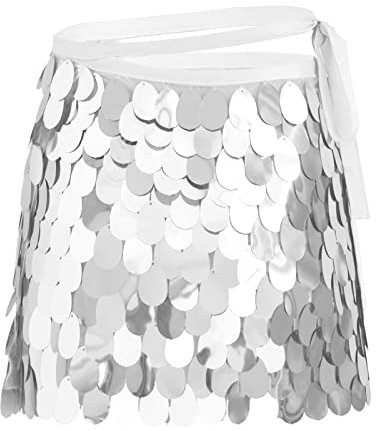 Donne Shiny Solid Sequin Tassel Dance Mini Skirt Breve Breve Gonna Hip Stage Performance Costume Lace-up Abito con Frange (Color : Silver, Size : One Size)
