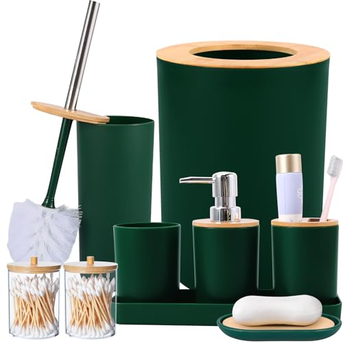 SLDIYWOW Juego de 9 Accesorios de baño Verde Oscuro con Cubo de Basura, Bandeja, dispensador de jabón, Soporte para Cepillo de Dientes, Taza para Cepillo de Dientes, jabonera, Cepillo de Inodoro y