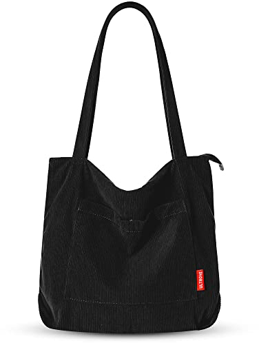 Ultrove Cord Tasche Damen Umhängetasche mit Reißverschluss, Dicke Große Einkaufstasche, Strapazierfähige Tragetasche für Arbeit, Büro, Reisen, Einkaufen, und Alltag-Schwarz