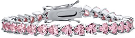 Bling Jewelry Bracciale Tennis con Zirconia Cubica Rosa 25 CT AAA CZ a Forma di Cuore per Donna in Ottone Placcato Rodio Argento 7 Pollici