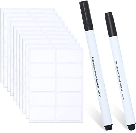 No-Iron Clothing Labels Writable Self Adhesive Name Labels Wash Name Tag with Permanent Fabric Markers for Daycare, Washer & Dryer Safe (100 Pieces+2 Pens, White)