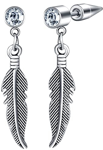 feilok Edelstahl Creolen Zirkon Ohrringe mit Anhänger Feder für Herren Damen Ohrringe Hängend Silber