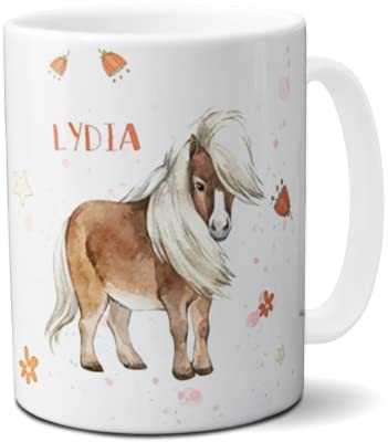 Shetlandpony Tasse mit Namen Ponybecher Geschenk für Pferdefreunde Pferdeliebhaber Kinder (Pony/Blumen weiß)