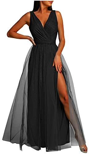 Masrin Abendkleid Damen Lang Elegantes Modisches Ballkleid Einfarbiges Tüllkleid Ärmelloses Cocktailkleid mit V-Ausschnitt Fließendes Swing Kleid Bodenlanges langes Maxikleid Hoher Schlitz Partykleid