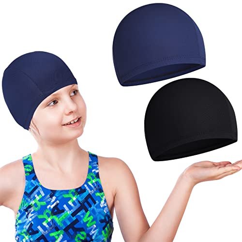 2 Pièces Bonnets de Bain pour Enfants Chapeaux de Piscine Imperméables Bonnets de Natation Unisexes pour Cheveux Longs et Courts Garçons et Filles (Noir, Bleu Brume, Motif Solide)