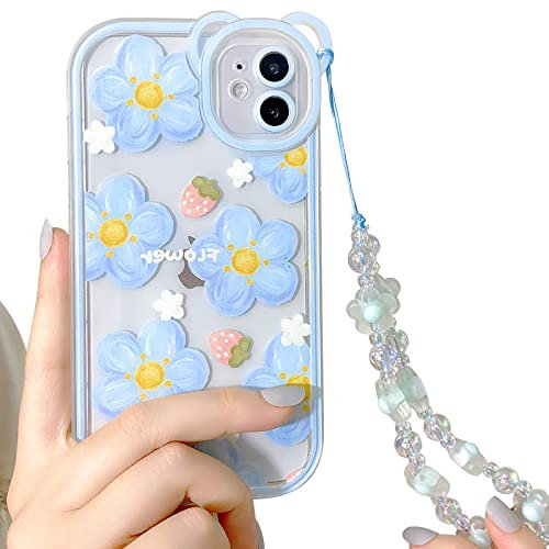 NITITOP Compatible for iPhone 12 Case Clear Cute Flower Floral with Chain for Girls Women Pattern Soft TPU Shockproof Protective Girly for iPhone 12-Blue Flower