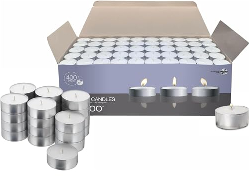Caja de 400 velas de té en vasos de metal (blanco) 4,5 horas de tiempo de combustión (velas de té sin perfume) (paquete de 400)