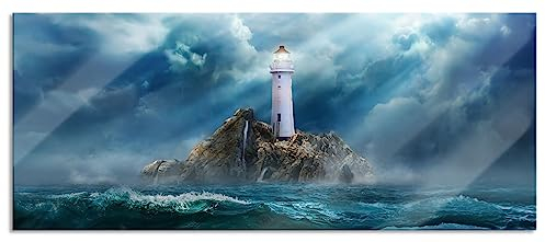 Pixxprint Glasbild Panorama, Wandbild aus Echtglas, Sonnenstrahlen auf Leuchtturm im Sturm, 120x50 cm, inkl. Aufhängung und Abstandshalter