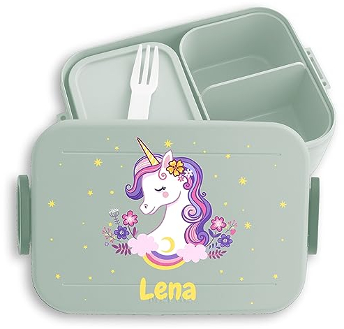 Kinder Bento Box Midi für Mepal Bentobox - Einhörner - Brotbox süßes Einhorn Lunchbox Unicorn I - 900 ml - Sage Grün - brotdose mädchen personalisierte brotboxen einhörnern süsses