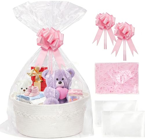 SelfTek Kit de Cesta de Regalo Con Bolsas de Celofán, Rafia y Lazos Tejidos - Cesta de Almacenamiento Vacía Para Baby Shower, Boda, Cumpleaños - 33 x 24 x 15 cm