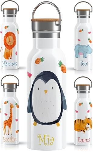 OWLBOOK® Edelstahl Trinkflasche Kinder personalisiert | Wasserflasche Flasche BPA-frei | 600 ml | Auslaufsicher Spülmaschinenfest | Schulanfang Geschenke zur Einschulung Mädchen Jungen | Pinguin