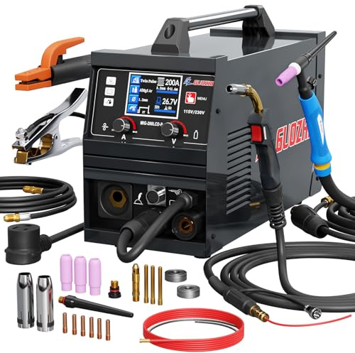 GZ GUOZHI Saldatore MIG, 200Amp 6 in 1 Gas MIG/Gasless Flux Core MIG/Stick/Lift TIG/Spot saldatura/Spool Gun 110V/220V Alluminio Multi Processo Saldatrice con display digitale LED