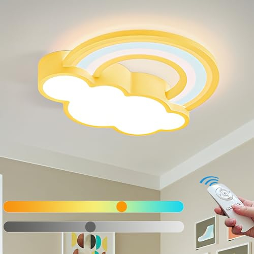 KZT LED Kinderzimmer Deckenleuchte mit Fernbedienung Modern Dimmbar Deckenlampe Wolken Regenbogen Nachtlicht Junge Mädchen Pendelleuchte für Babyzimmer Schlafzimmer Wohnzimmer Hotel Kinderlampe, Gelb