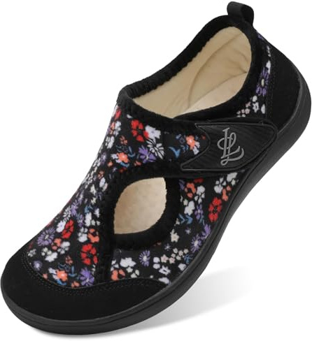 LeIsfIt Womens Diabetic Shoes Wide House Shoes Adjustable Arthritis Edema House Slippers Indoor Outdoor Black Flower Size 8
