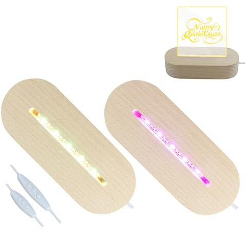 Qivine 2 Piezas Base de Exhibición de Luces LED, Base Ovalada de Madera para Exhibición de luces LED de 14,5cm, Base de luz LED USB Iluminada para Placa Acrílica, Placa de Cristal (Siete Colores)
