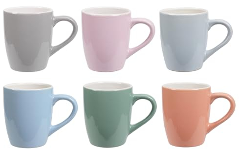 Koopman International Coffee Mugs Multi-Coloured Stoneware Porcelain Set of 6 240ml Tea Cups with Handle for Latte Cappuccino Hot Chocolate Drinks Mug Microwave & Dishwasher Safe, Pastel Colors