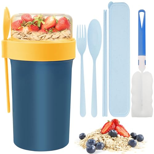 PIWOSGOL Tasse à Céréales à Emporter 760ml + 230ml, Coupe de Yaourt Gobelet de Flocons d'avoine, Porter Yaourt et Céréales avec Cuillère et Fourchette, Muesli To Go Boite Yaourt en Plastique (Bleu)