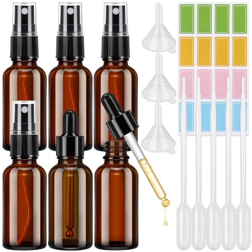 6 Piezas Botellas de Spray Ambar, 30ml Spray Pulverizador de Vidrio con Etiquetas y Embudos, Reutilizables Vacías Atomizador Spray Bottle para Viaje, Perfume, Aceite Esencial, Aromaterapia